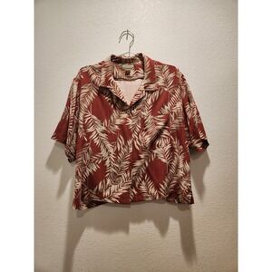 Tommy Bahama 100% Silk Hawaiian Shirt Red Beige Leaf Print Camp Shirt Size L